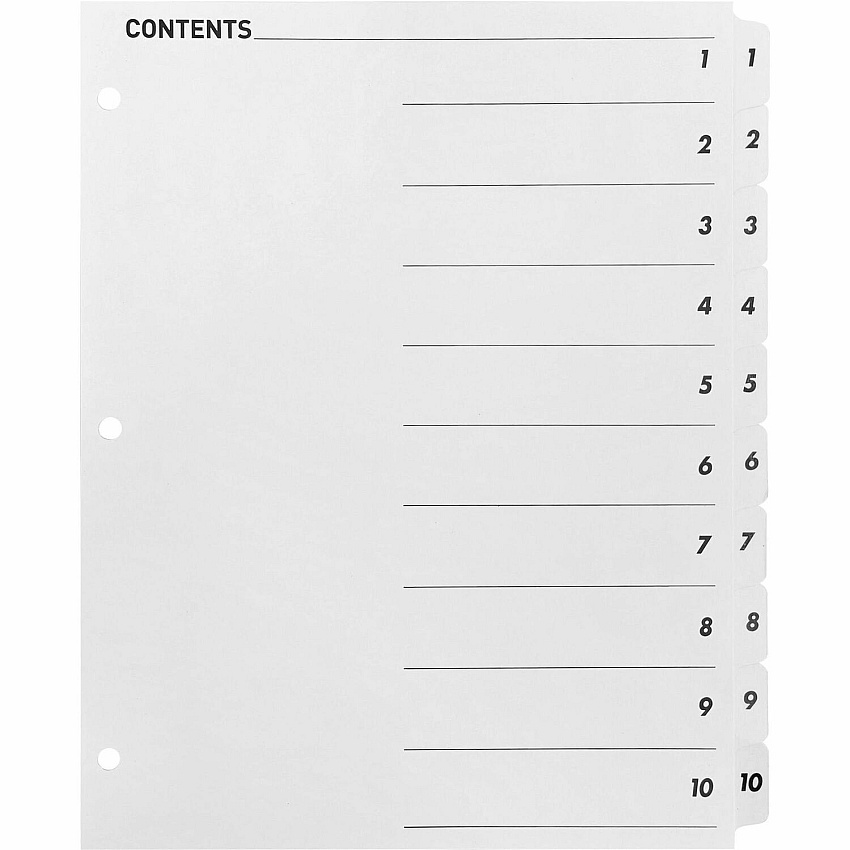 Business Source Table of Content Quick Index Dividers Printed Tab(s) - Digit - 1-10 - 10 Tab(s)/Set - 8.5" Divider Width x 11" Divider Length - 3 Hole Punched - White Divider - White Mylar Tab(s) - 1 Set (BSN05854)