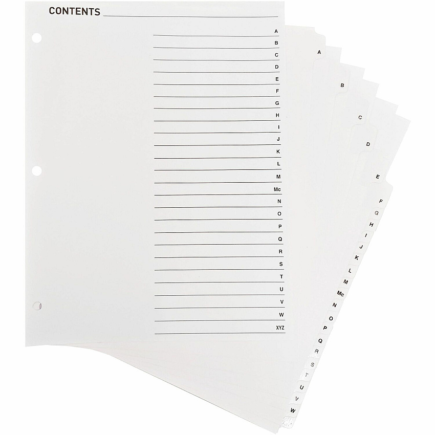 Business Source A-Z Tab Table of Contents Index Dividers Printed Tab(s) - Character - A-Z - 25 Tab(s)/Set - 8.5" Divider Width x 11" Divider Length - Letter - 3 Hole Punched - White Divider - White Mylar Tab(s) - 1 Set (BSN05858)
