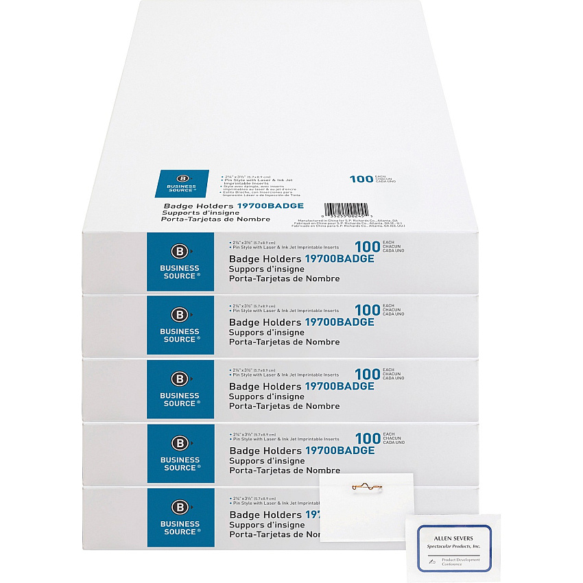 Business Source Pin-Style Holder Name Badge Kits Clear - 100/Box - 5 / Bundle (BSN19700BADGEBD)