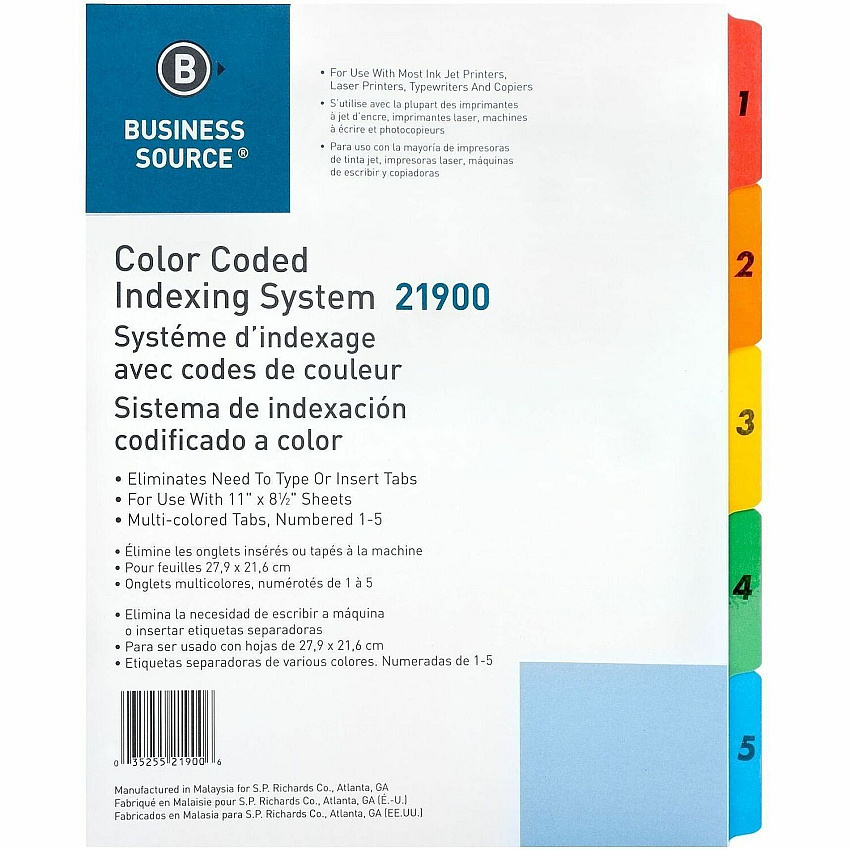 Business Source Table of Content Quick Index Dividers Printed Tab(s) - Digit - 1-5 - 5 Tab(s)/Set - 8.5" Divider Width x 11" Divider Length - 3 Hole Punched - Multicolor Mylar Divider - Multicolor Mylar Tab(s) - 1 Set (BSN21900)