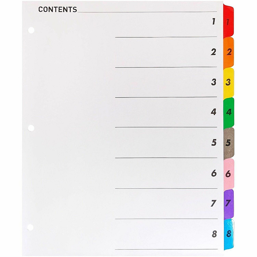 Business Source Table of Content Quick Index Dividers Printed Tab(s) - Digit - 1-8 - 8 Tab(s)/Set - 8.5" Divider Width x 11" Divider Length - 3 Hole Punched - Multicolor Divider - Multicolor Mylar Tab(s) - Tear Resistant, Reinforced, Punched -  (BSN21901)