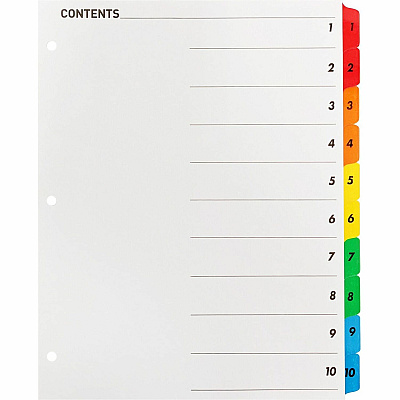 Business Source Table of Content Quick Index Dividers Printed Tab(s) - Digit - 1-10 - 10 Tab(s)/Set - 8.5" Divider Width x 11" Divider Length - 3 Hole Punched - Multicolor Divider - Multicolor Mylar Tab(s) - 1 Set (BSN21902)