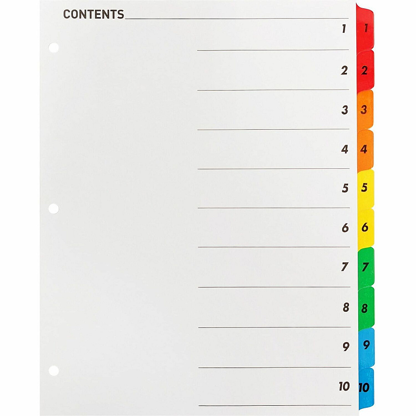 Business Source Table of Content Quick Index Dividers Printed Tab(s) - Digit - 1-10 - 10 Tab(s)/Set - 8.5" Divider Width x 11" Divider Length - 3 Hole Punched - Multicolor Divider - Multicolor Mylar Tab(s) - 1 Set (BSN21902)