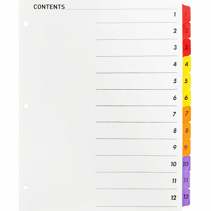 Business Source Table of Content Quick Index Dividers Printed Tab(s) - Digit - 1-12 - 12 Tab(s)/Set - 8.5" Divider Width x 11" Divider Length - 3 Hole Punched - Multicolor Divider - Multicolor Mylar Tab(s) - 1 Set (BSN21903)