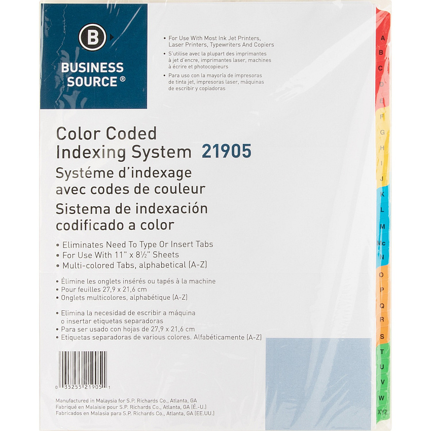 Business Source A-Z Tab Table of Contents Index Dividers Printed Tab(s) - Character - A-Z - 25 Tab(s)/Set - 8.5" Divider Width x 11" Divider Length - Letter - 3 Hole Punched - White Mylar Divider - White Mylar Tab(s) - 1 Set (BSN21905)
