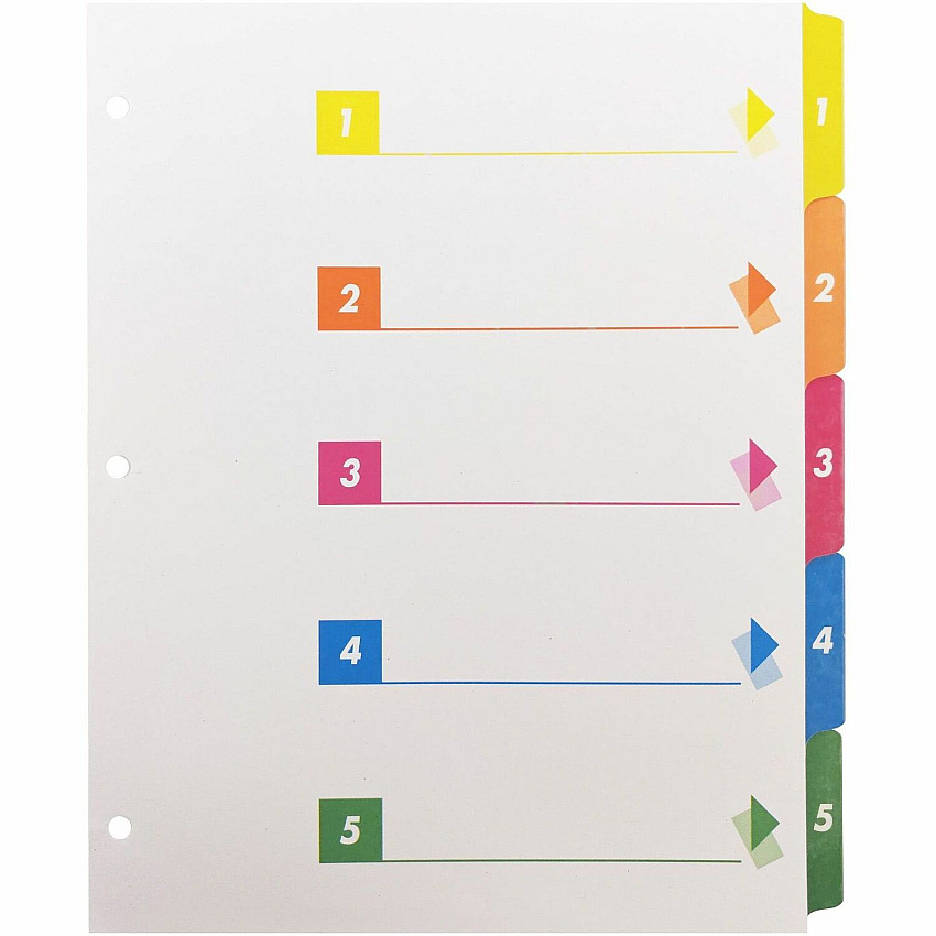 Business Source Color-coded Table of Contents/Tabs Index Dividers Printed Tab(s) - Digit - 1-5 - 5 Tab(s)/Set - 3 Hole Punched - White Divider - Multicolor Mylar Tab(s) - 1 Box (BSN21908)