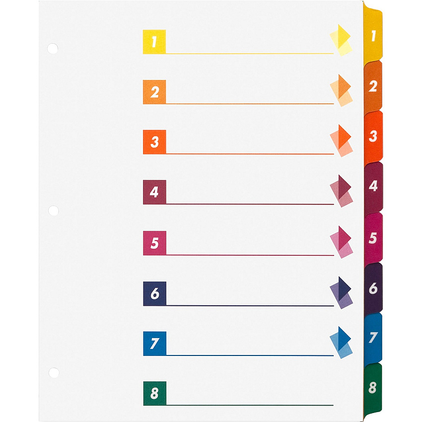 Business Source Color-coded Table of Contents/Tabs Index Dividers Printed Tab(s) - Digit - 1-8 - 8 Tab(s)/Set - 3 Hole Punched - White Divider - Multicolor Mylar Tab(s) - Tear Resistant, Reinforced, Punched - 24 / Box (BSN21909)