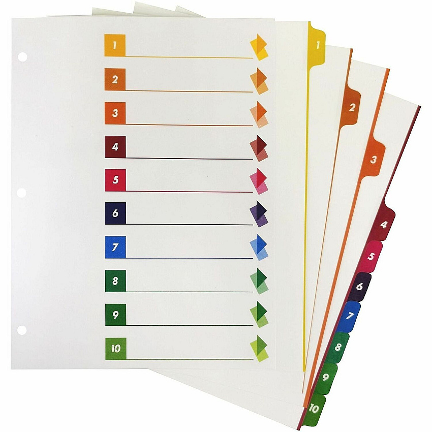 Business Source Color-coded Table of Contents/Tabs Index Dividers Printed Tab(s) - Digit - 1-10 - 10 Tab(s)/Set - 3 Hole Punched - Multicolor Divider - Multicolor Mylar Tab(s) - Tear Resistant, Reinforced, Punched - 24 / Box (BSN21910)