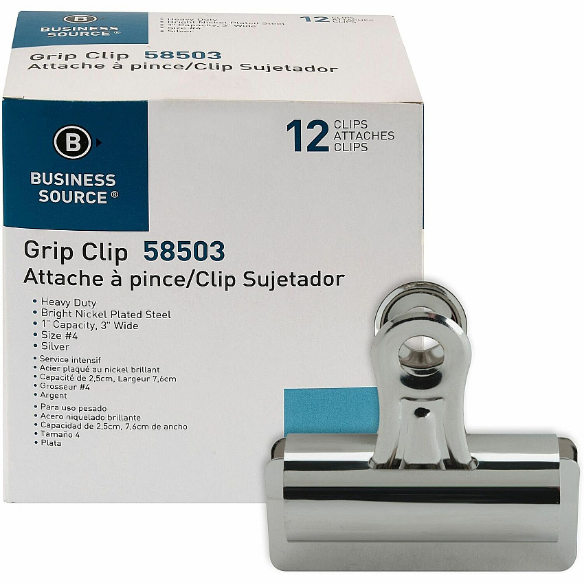 Business Source Bulldog Grip Clips No. 4 - 3" Width - for Paper - Heavy Duty - Silver - 12 / Box (BSN58503)