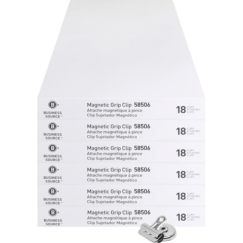 Business Source Magnetic Grip Clips Pack No. 1 - 1.3" Width - for Paper - Magnetic, Heavy Duty - Silver - 18/Box - 6 / Bundle (BSN58506BD)