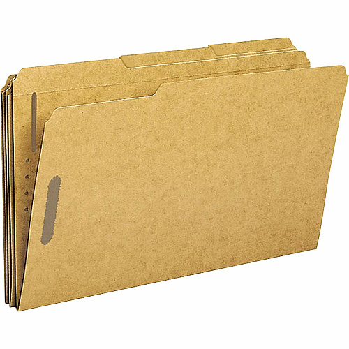 Business Source 1/3 Tab Cut Legal Recycled Fastener Folder 8 1/2" x 14" - 2 Fastener - Top Tab Location - Assorted Tab Position - Kraft - 10% Recycled - 50 / Box (BSN17232)