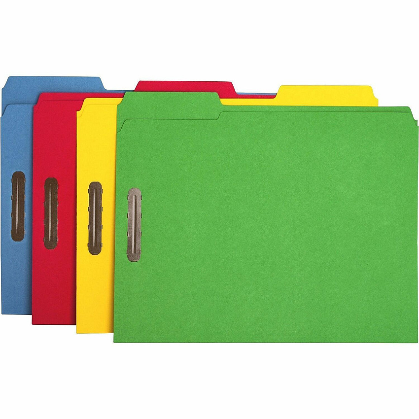 Business Source 1/3 Tab Cut Letter Recycled Fastener Folder 8 1/2" x 11" - 3/4" Expansion - 2 Fastener - 2" Fastener Capacity - Top Tab Location - Assorted Tab Position - 11 pt. - Yellow, Blue, Green, Red - Sturdy, Durable, Reinforced Tab - 10% (BSN17571)