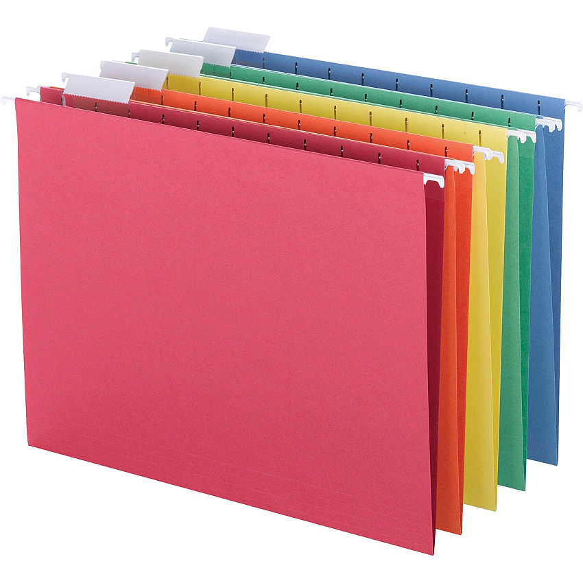 Business Source 1/5 Tab Cut Letter Recycled Hanging Folder 8 1/2" x 11" - Top Tab Location - Blue, Green, Orange, Red, Yellow - 10% Recycled - 25 / Box (BSN5215AST)
