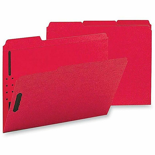Business Source 1/3 Tab Cut Letter Recycled Fastener Folder 8 1/2" x 11" - 3/4" Expansion - 2 Fastener - 2" Fastener Capacity - Top Tab Location - Assorted Tab Position - 11 pt. - 2 Plys - Red - 10% Recycled - 50 / Box (BSN17269)