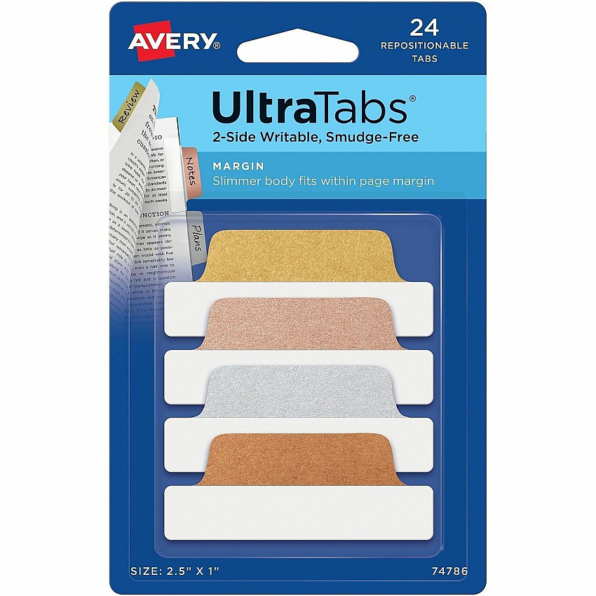 Avery&reg; UltraTabs Repositionable Margin Tabs 24 Tab(s) - 1" Tab Height x 2.50" Tab Width - Removable - Clear Film, Gold Paper, Rose Gold, Copper Tab(s) - Double-sided, Writable, PVC-free, Repositionable, Smudge Resistant, Reusable, Sturdy, Dura (74786)