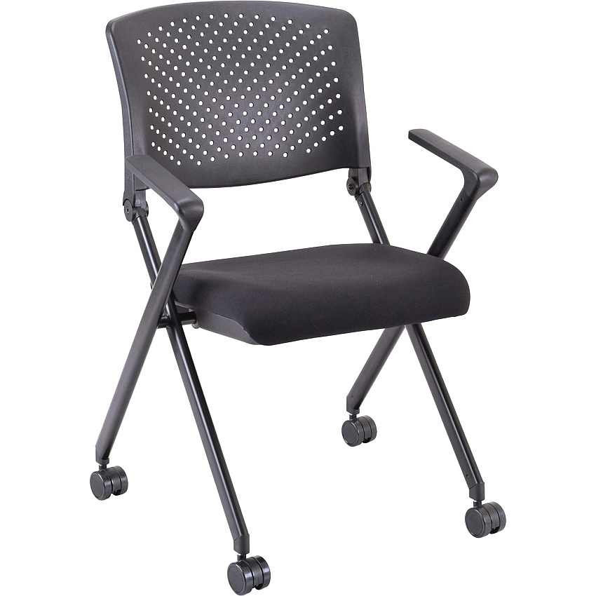 Lorell Upholstered Foldable Nesting Chairs with Arms Black Seat Color - Fabric Seat Material - Black Back Color - Plastic Back Material - Metal Frame Material - 2 / Carton (LLR41847)