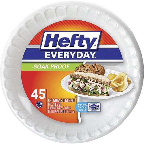 Hefty Everyday 8-7/8" 3-Compartment Foam Plates Disposable - 8.9" Diameter - White - 45 / Pack (D28845)