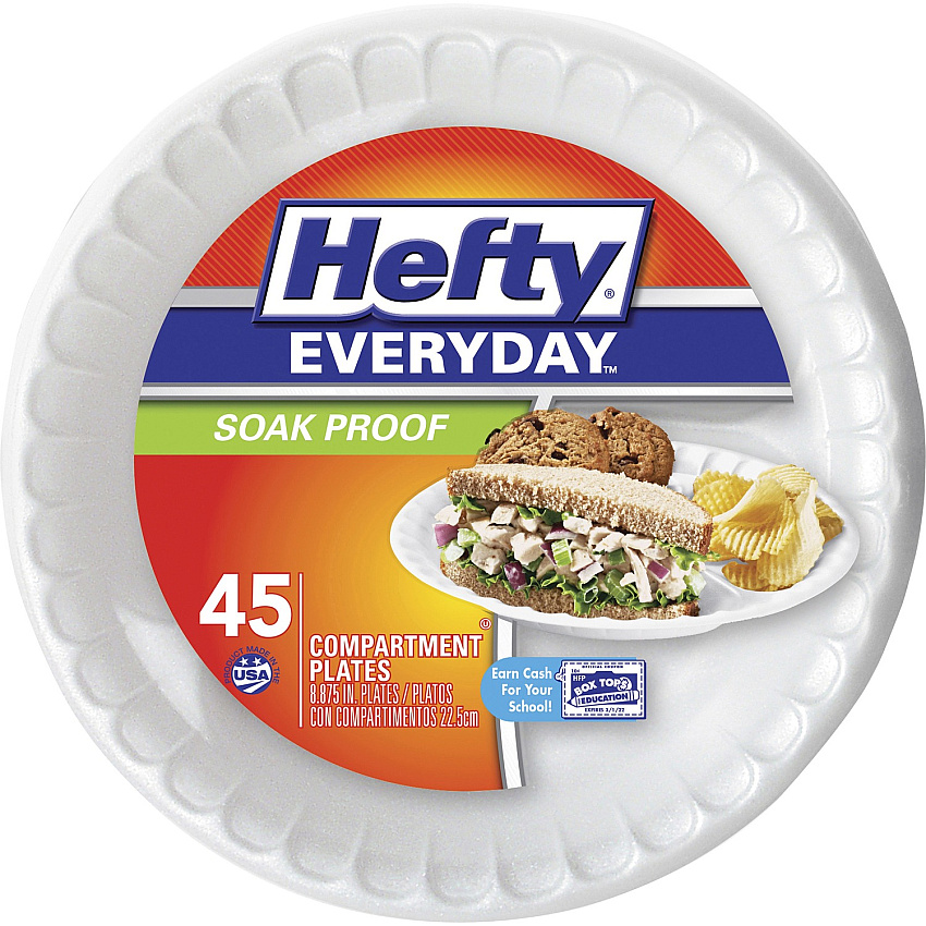 Hefty Everyday 8-7/8" 3-Compartment Foam Plates Disposable - 8.9" Diameter - White - 45 / Pack (D28845)