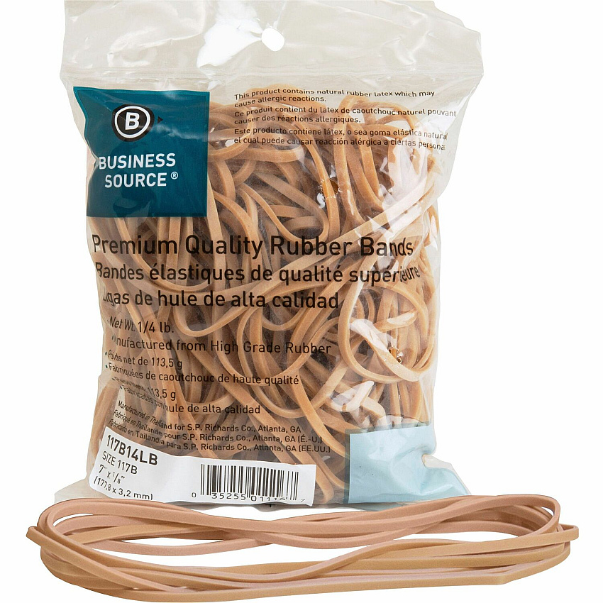 Business Source Rubber Bands Size: #117B - 7" Length x 125 mil Thickness - Stretchable - Natural - 1 Bag (BSN117B14LB)