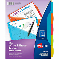 Avery Write & Erase Durable Plastic Dividers with Pocket 5 x Divider(s) - 5 Write-on Tab(s) - 5 Tab(s)/Set - 9.3" Divider Width x 11.25" Divider Length - 3 Hole Punched - Multicolor Plastic Divider - Multicolor Plastic Tab(s) - Pocket, Writable, E (16102)