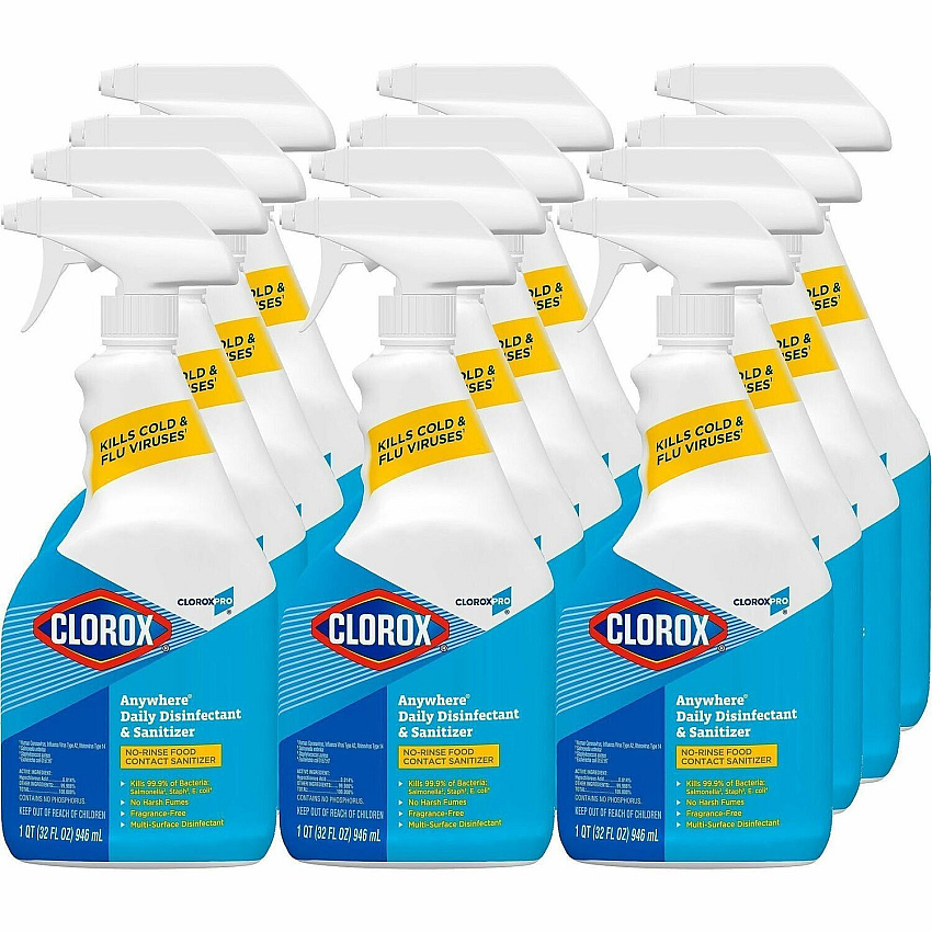 CloroxPro™ Anywhere Daily Disinfectant and Sanitizer For Kitchen, Office, Breakroom, Day Care, Restaurant - Spray - 32 fl oz (1 quart) - Recommended For: Bacteria Remover, Germs Remover - No-rinse, Residue-free - Clear - 18 / Bundle (01698BD)