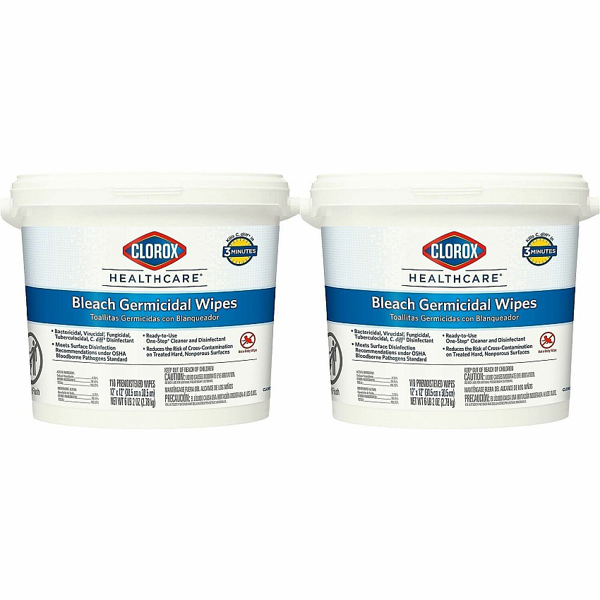 Clorox Healthcare Bleach Germicidal Wipes Bucket Ready-To-Use - 12" Length x 12" Width - Anti-corrosive, Antibacterial - White - 110/Tub - 25 / Bundle (30358BD)