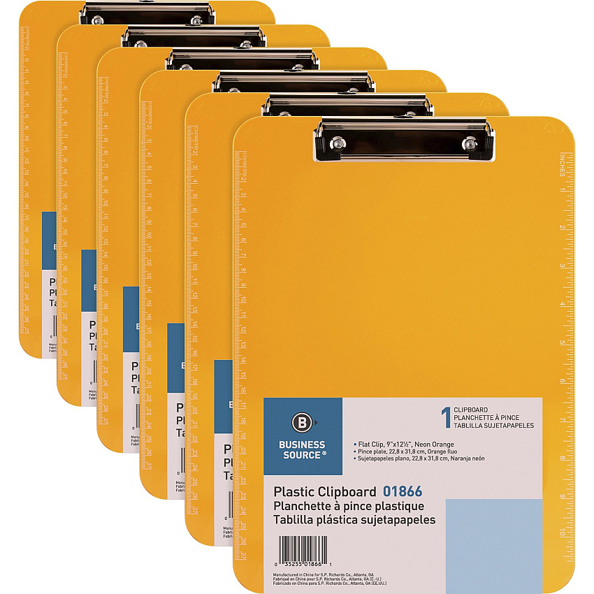 Business Source Flat Clip Clipboard 9" x 12" Sheet Size - Plastic - Neon Orange - 6 / Bundle (BSN01866BD)