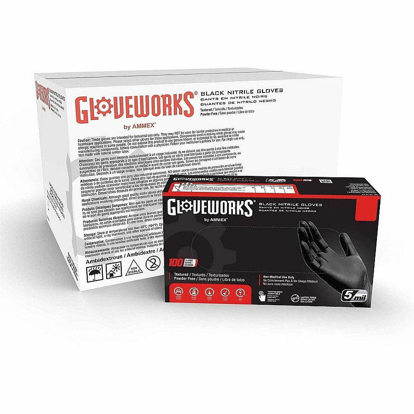 GlovePlus Black Nitrile Industrial Latex Free Disposable Gloves (Case of 1000) 5 mil Thickness - Chemical, Grease, Dirt, Grime Protection - Polymer Coating - Extra Large Size - For Right/Left Hand - Textured/Micro-Roughened - Black - Puncture  (GPNB48100)