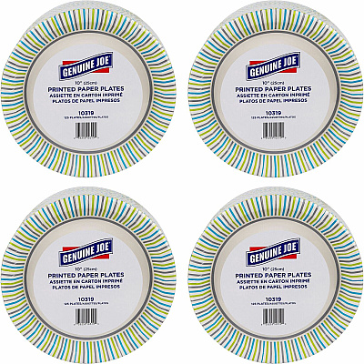 Genuine Joe 10" Printed Paper Plates Disposable - 10" Diameter - Assorted - 125/Pack - 4 / Carton (GJO10319CT)