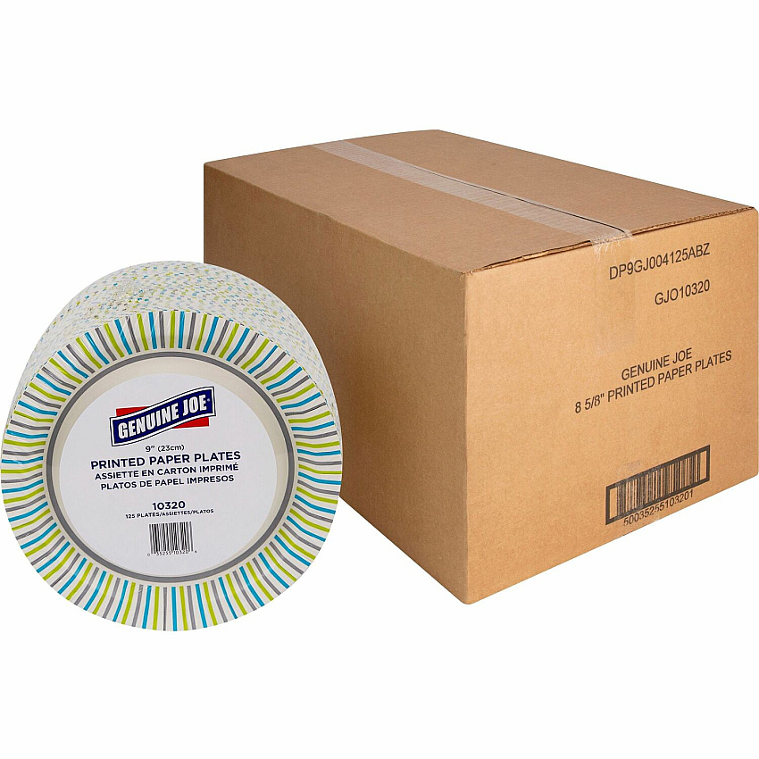 Genuine Joe 9" Printed Paper Plates Disposable - 9" Diameter - Assorted - 125/Pack - 4 / Carton (GJO10320CT)