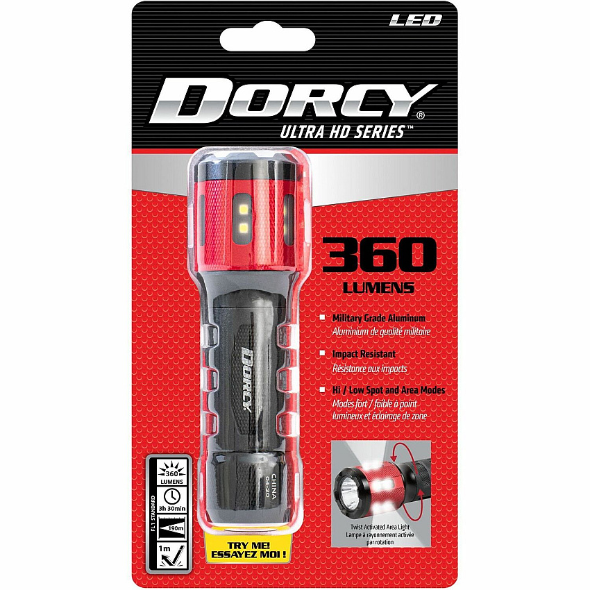 Dorcy Ultra HD Series Twist Flashlight 360 lm Lumen - 3 x AAA - Battery - Impact Resistant - Black, Red - 1 Each (414347)