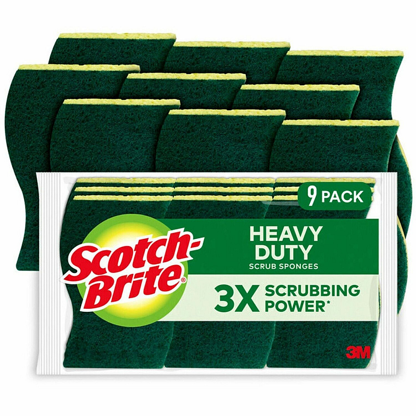 Scotch-Brite Heavy-Duty Scrub Sponges 2.8" Height x 4.5" Width - 9 / Pack - Yellow, Green (4295)