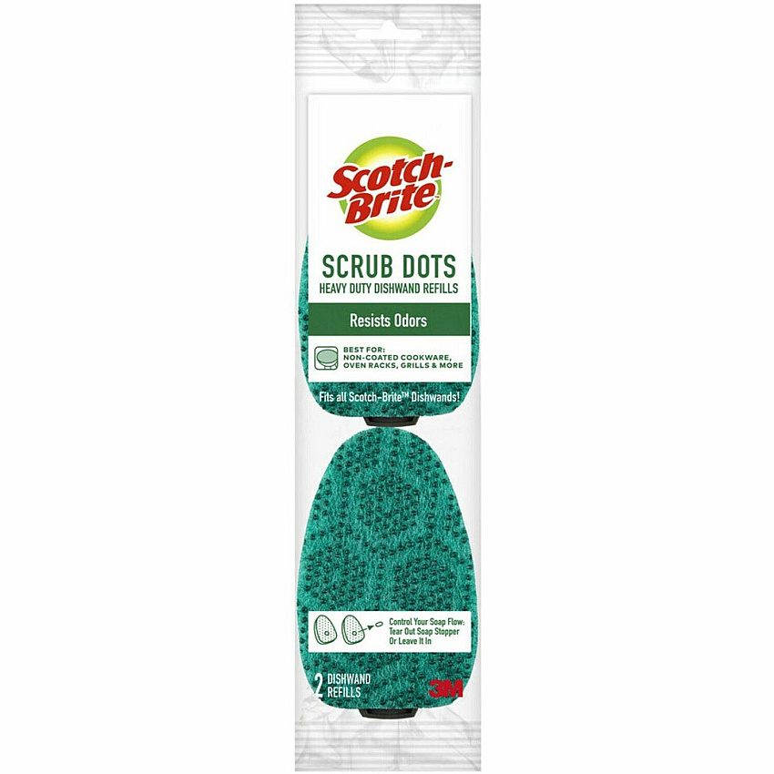 Scotch-Brite Scrub Dots Dishwand Refill 3.5" Width x 4.4" Length - 2/Pack - 7 / Carton - Green (48827CT)