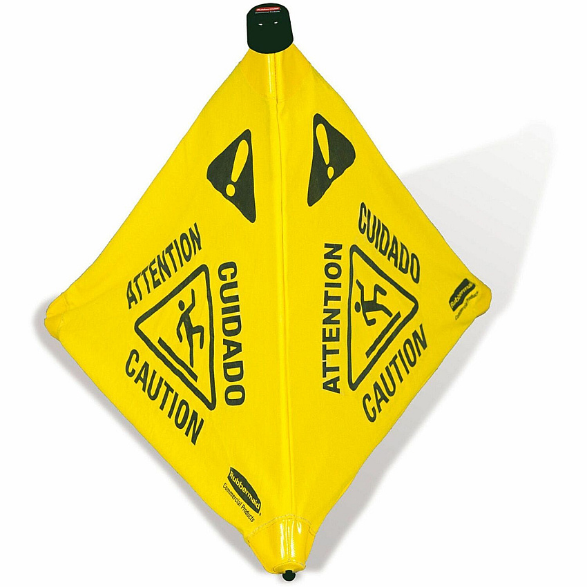 Rubbermaid Commercial 30" Pop-Up Caution Safety Cone Print/Message "CAUTION" , "Attention" , "Cuidado" - 21" Width x 30" Height - Wall Mountable - Durable, Multilingual, Three-sided, Foldable - Yellow - 12 / Carton (9S0100YLCT)