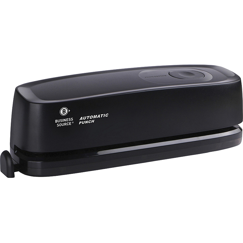 Business Source Electric Hole Punch 3 Punch Head(s) - 10 Sheet of 20lb Paper - 9/32" Punch Size - 2.6" Width x 11.9" Depth x 3.2" Height - Black - 1 Each (BSN00083)
