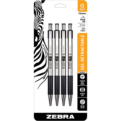 Zebra Pen STEEL 3 Series G-301 Retractable Gel Pen 0.7 mm Pen Point - Refillable - Retractable - Black Ink - Gel-based - Metal Barrel - 4 / Pack (41314)
