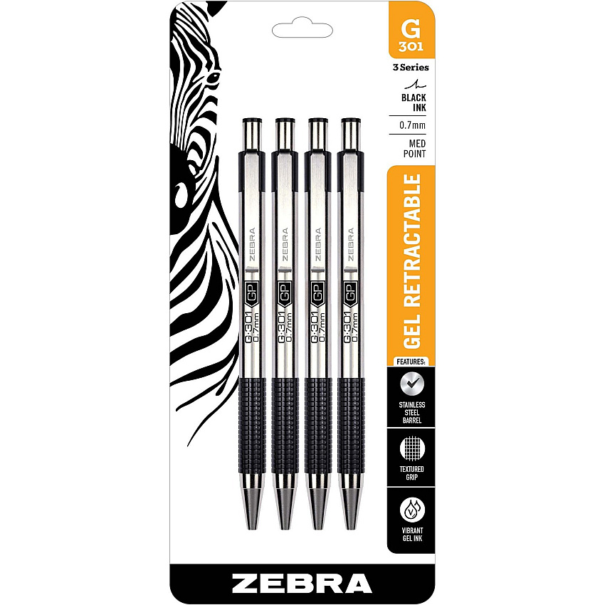 Zebra Pen STEEL 3 Series G-301 Retractable Gel Pen 0.7 mm Pen Point - Refillable - Retractable - Black Ink - Gel-based - Metal Barrel - 4 / Pack (41314)
