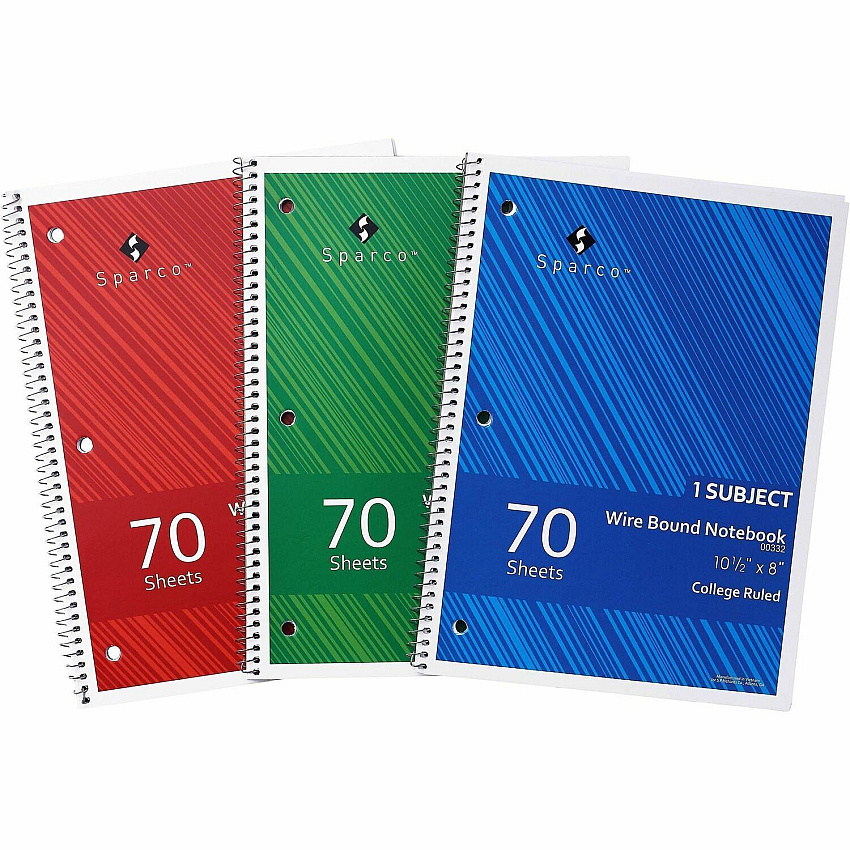 Sparco College Ruled Wire-bound Notebook Wire Bound - 3 Hole(s) - 0.25" Height x 8" Width x 10.5" Length - Stiff-cover, Stiff-back, Perforated - 703 / Pack (00332)