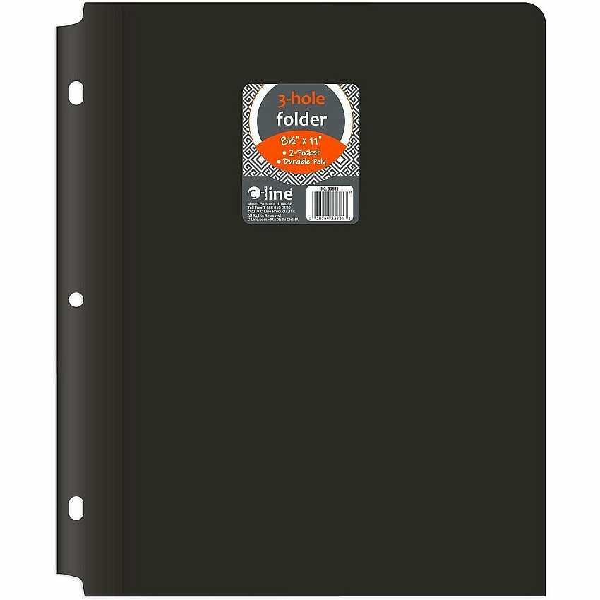 C-Line 2-pocket Heavyweight Poly Portfolio Pocket 9.4" Width x 11.4" Length x 100 mil Thickness - For Letter 8 1/2" x 11" Sheet - 3 x Holes - Ring Binder - Rectangular - Black - Polypropylene - 25 / Box (33931)