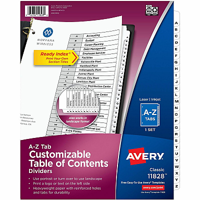 Avery Ready Index A-Z 26 Tab Dividers, Customizable TOC, 1 Set 26 x Divider(s) - 26 Tab(s) - Alphabet - A-Z, Table of Contents - 26 Tab(s)/Set - 8.5" Divider Width x 11" Divider Length - 3 Hole Punched - White Paper Divider - White Paper Tab(s) -  (11828)