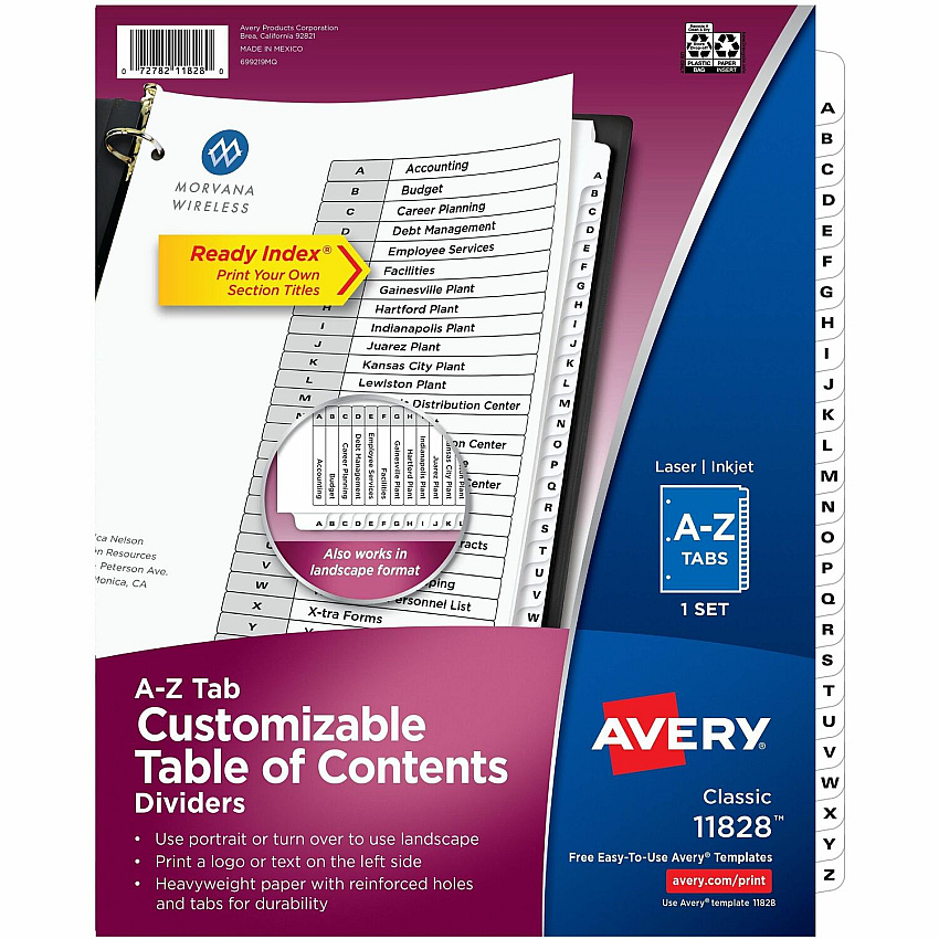 Avery Ready Index A-Z 26 Tab Dividers, Customizable TOC, 1 Set 26 x Divider(s) - 26 Tab(s) - Alphabet - A-Z, Table of Contents - 26 Tab(s)/Set - 8.5" Divider Width x 11" Divider Length - 3 Hole Punched - White Paper Divider - White Paper Tab(s) -  (11828)