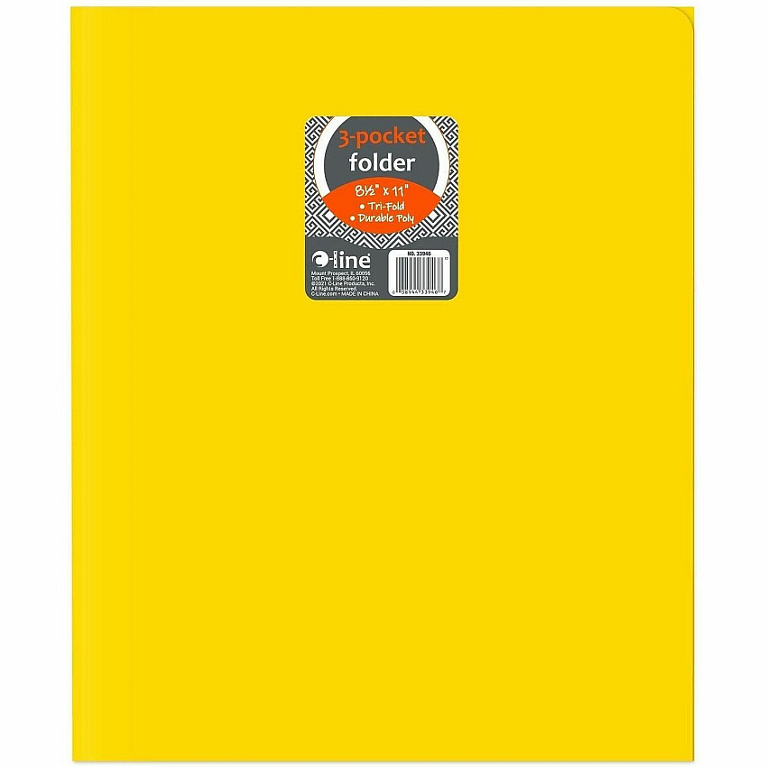 C-Line Letter Pocket Folder 8 1/2" x 11" - 3 Internal Pocket - Yellow - 24 / Box (33946)