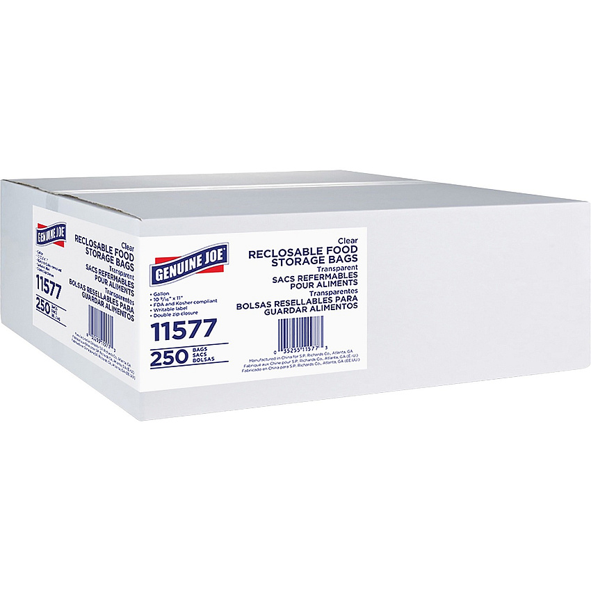 Genuine Joe Food Storage Bags 1 gal Capacity - 11" Length x 10.56" Width x 1.75 mil (44 Micron) Thickness - Zipper Closure - Clear - Food, Beef, Vegetables, Seafood, Poultry - 250/Box - 8 / Carton (GJO11577CT)