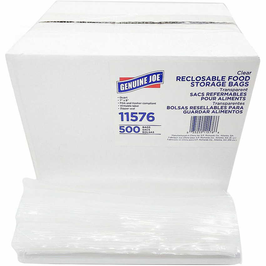 Genuine Joe Food Storage Bags 1 quart Capacity - 8" Length x 7" Width x 1.75 mil (44 Micron) Thickness - Zipper Closure - Clear - Food, Beef, Poultry, Vegetables, Seafood - 500/Box - 8 / Carton (GJO11576CT)