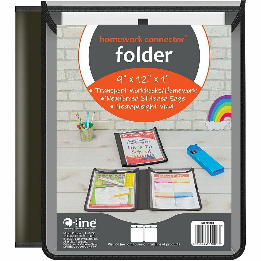 C-Line Homework Connector Pocket Folder 9" x 12" - Internal Pocket - Black - 1 Each (33001)