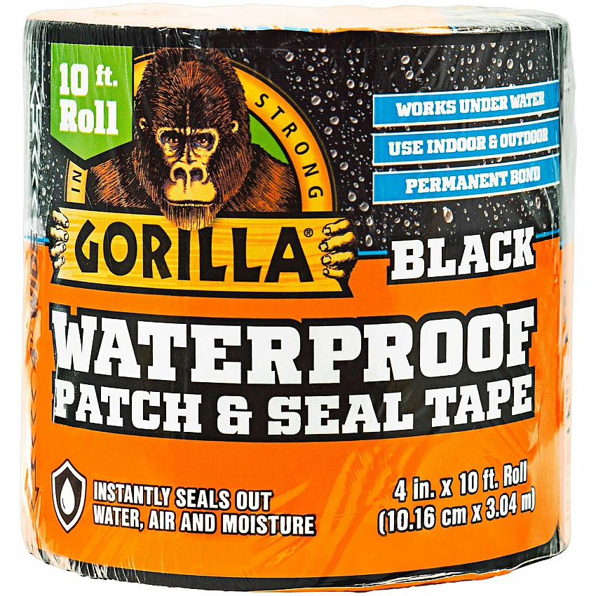 Gorilla Glue Gorilla Waterproof Patch & Seal Tape 10 ft Length x 4" Width - Black - UV Resistant - For Indoor, Outdoor, Smooth Surface, Nonporous Surface, Roofing, Window Frame, Gutter, Drainage Pipe, Caravan - 1 Each (4612502)