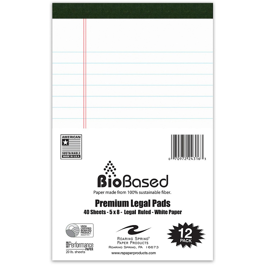 Roaring Spring USDA Certified Bio-Preferred Junior Size Legal Pads 40 Sheets - 80 Pages - Printed - Stapled/Tapebound - Both Side Ruling Surface - Wide Ruled Front Ruling - 0.34" Ruled - Double Line Red Margin - 20 lb Basis Weight - 75 g/m² G (24316)