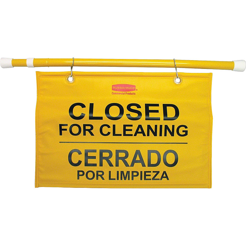 Rubbermaid Commercial Multilingual Closed for Cleaning Safety Signs English, French, Spanish - Print/Message "Closed for Cleaning" - 50" Width x 13" Height x 1" Depth - Durable - Yellow - 6 / Carton (9S1600YLCT)