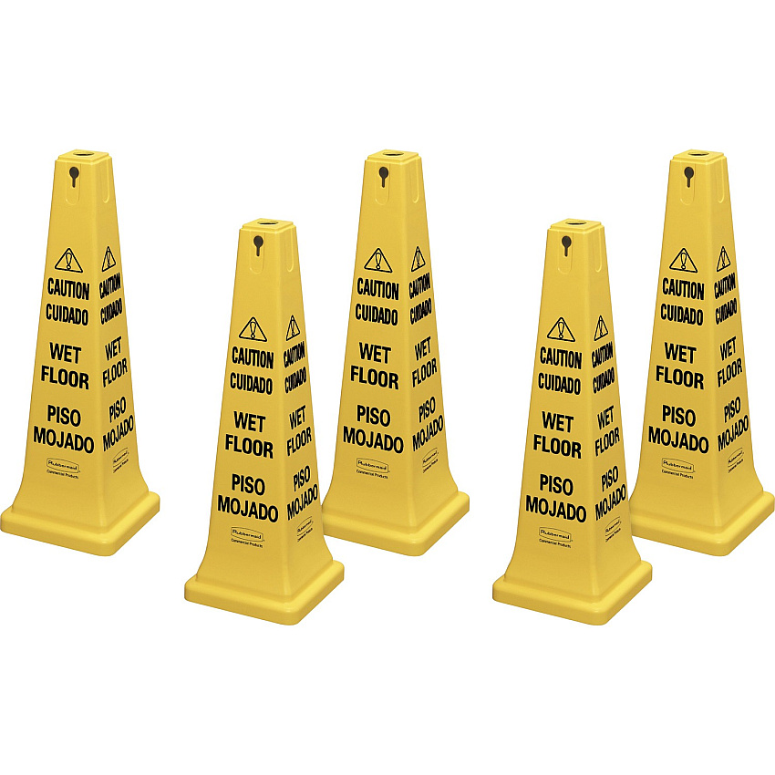 Rubbermaid Commercial 36" Safety Cone Spanish, English - Print/Message "Caution" , "Wet Floor" - 12.2" Width x 36" Height x 12.2" Depth - Cone Shape - Stackable, Sturdy - Plastic - Bright Yellow, Bright Yellow - 5 / Carton (627677CT)