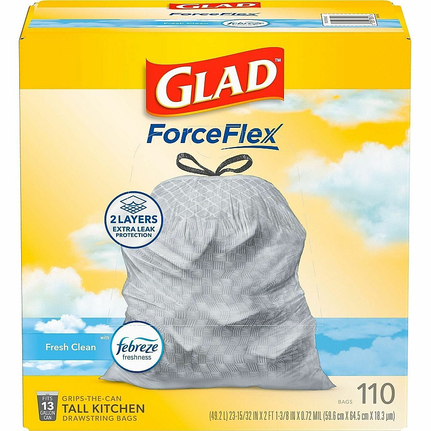 Glad ForceFlex Tall Kitchen Drawstring Trash Bags Fresh Clean with Febreze Freshness - 13 gal Capacity - 25.38" Length x 23.75" Width x 0.72 mil (18 Micron) Thickness - Drawstring Closure - White - Home, Office - 110/Box - 1 Box (78563)